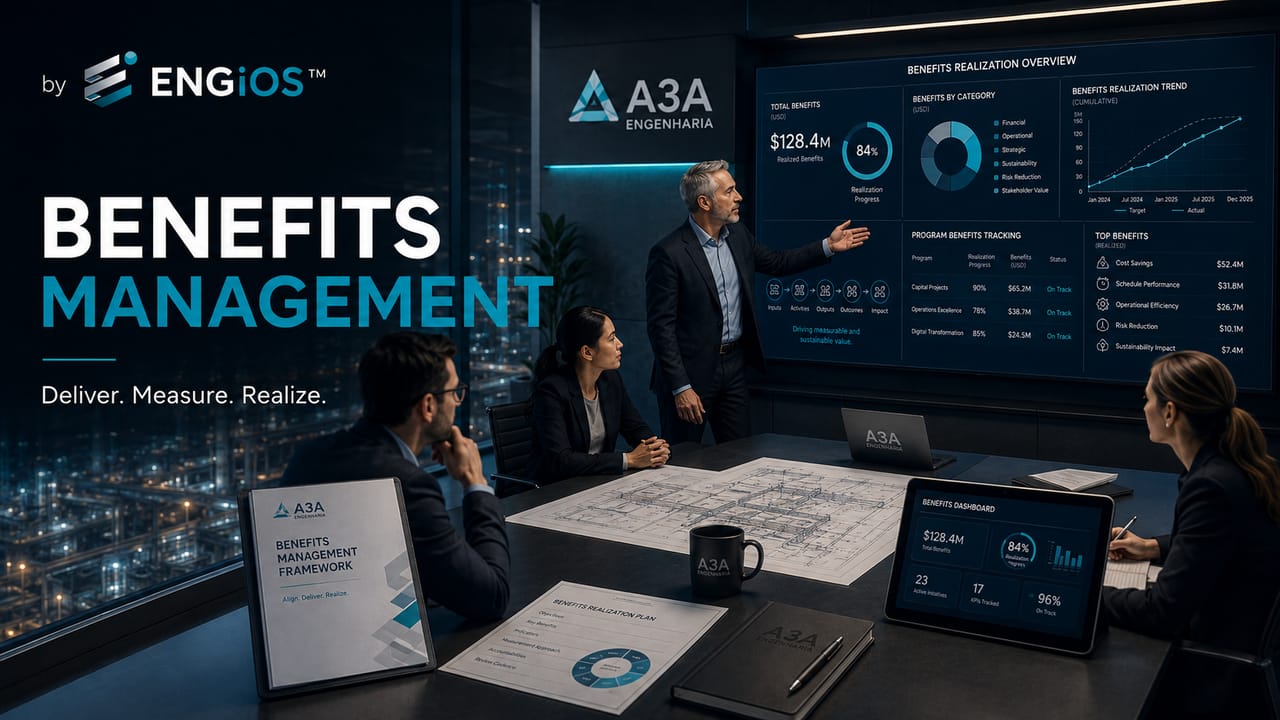 Imagem demonstrando o conceito de Gestão de Benefícios em Projetos e Programas de Engenharia, conectando entregas, resultados, indicadores e realização de valor.