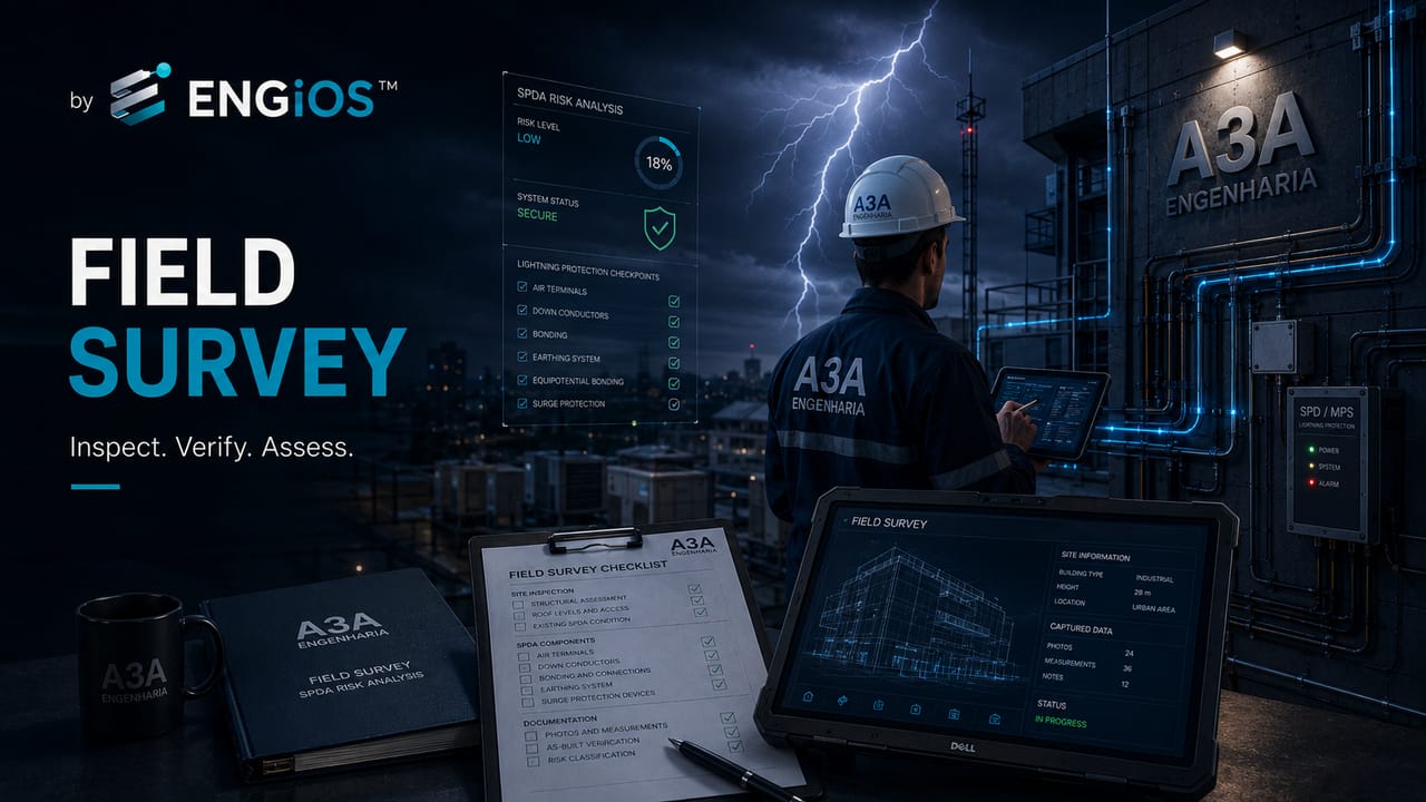 Imagem de site survey para análise de risco SPDA conforme a NBR 5419:2026, com levantamento em campo de estrutura, linhas, ocupação e medidas de proteção.
