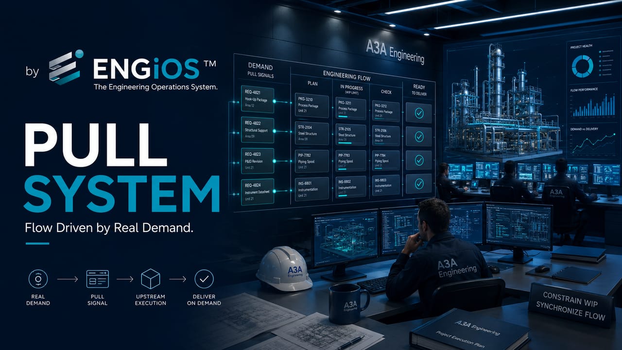 Imagem demonstrando Pull System aplicado à Engenharia, com fluxo puxado por demanda, controle de trabalho em processo e sincronização de entregas.