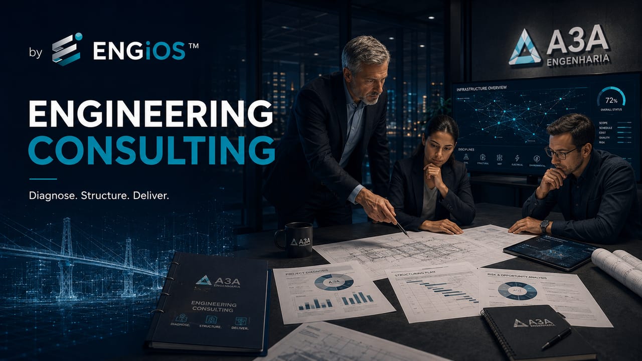 Imagem demonstrando o conceito de Consultoria em Engenharia, com análise técnica, diagnóstico, tomada de decisão, governança e suporte especializado ao cliente.