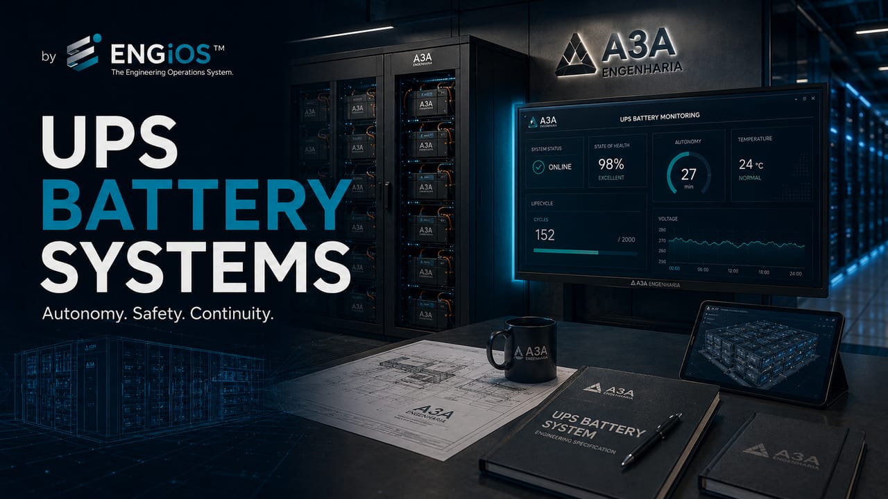 Imagem demonstrando banco de baterias para UPS em Data Centers, com sistemas VRLA e lítio, autonomia, racks de baterias, energia crítica e requisitos de segurança.