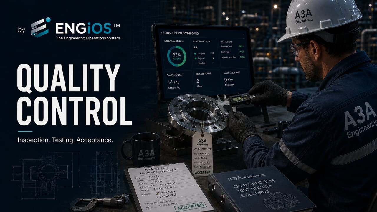 Imagem demonstrando Controle de Qualidade (QC) em Engenharia, com inspeções, testes, critérios de aceitação, registros e verificação de conformidade.