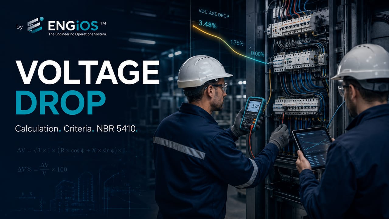 Imagem demonstrando o conceito de queda de tensão em instalações elétricas, com circuito, condutores, comprimentos, corrente e verificação de limites conforme a NBR 5410.