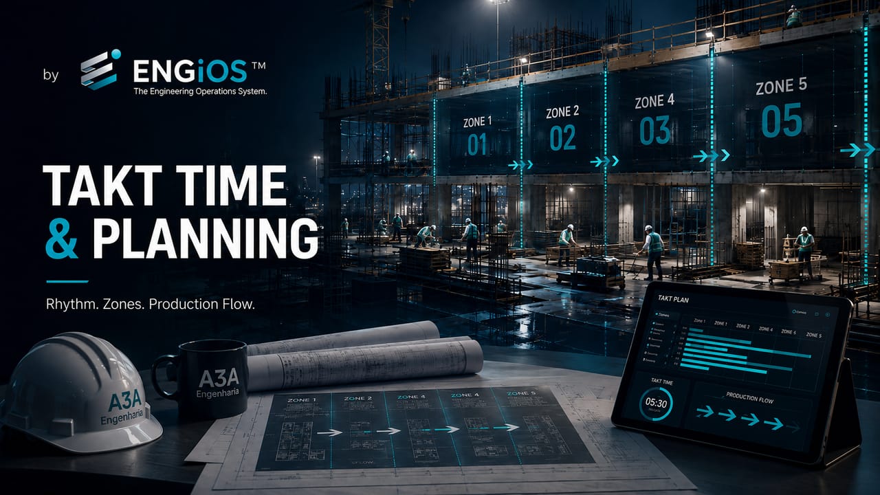 Imagem demonstrando Takt Time e Takt Planning em projetos e obras, com ritmo de produção, zonas de trabalho, balanceamento de equipes e fluxo contínuo.