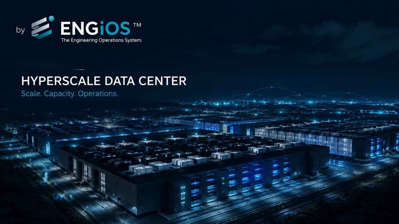 Imagem demonstrando o conceito de Hyperscale Data Center em Engenharia, com infraestrutura de grande escala, alta densidade computacional, redundância e expansão modular.