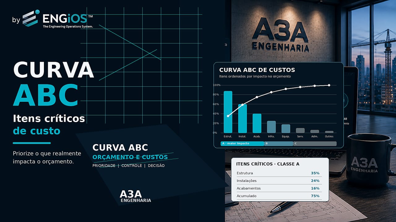 Imagem demonstrando Curva ABC aplicada a obras e orçamentos, destacando a priorização dos itens críticos de custo.