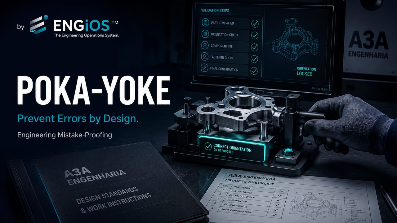Imagem demonstrando Poka-Yoke aplicado à Engenharia, com prevenção de erros em processos, documentos, interfaces e verificações de qualidade.