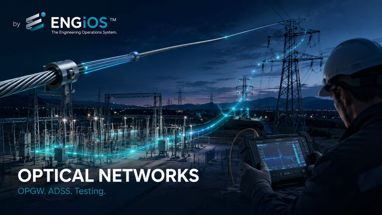 Imagem demonstrando redes ópticas em subestações, com fibras OPGW e ADSS, enlaces redundantes, distribuição óptica e ensaios de comunicação.