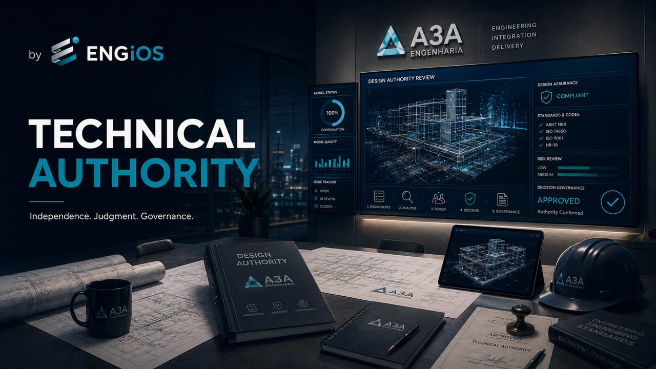 Imagem demonstrando o conceito de Technical Authority em Engenharia, com autoridade técnica, independência, governança e validação de decisões.