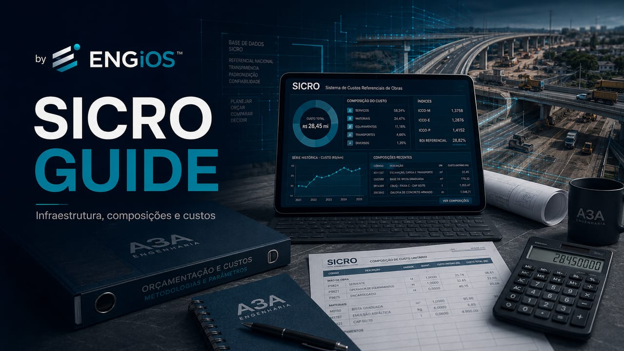 Imagem demonstrando o conceito de SICRO em Engenharia, com composições de custos, insumos e referências para orçamento de infraestrutura.
