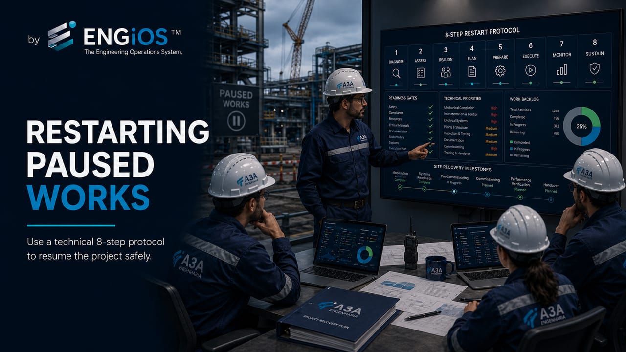 Retomada de obra paralisada com protocolo técnico de diagnóstico, planejamento, escopo, riscos e reinício da execução