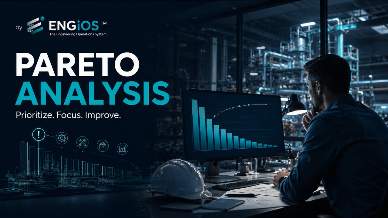 Imagem demonstrando o conceito de Diagrama de Pareto na gestão de projetos de engenharia, com priorização de causas, desvios e impactos para apoio à decisão.