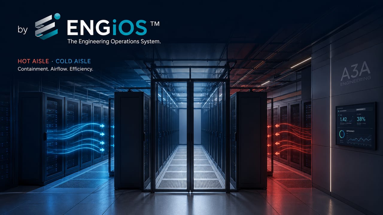 Imagem demonstrando o conceito de corredor quente e corredor frio em Data Centers, com contenção de fluxo de ar, organização térmica dos racks, eficiência de climatização e controle de temperatura.