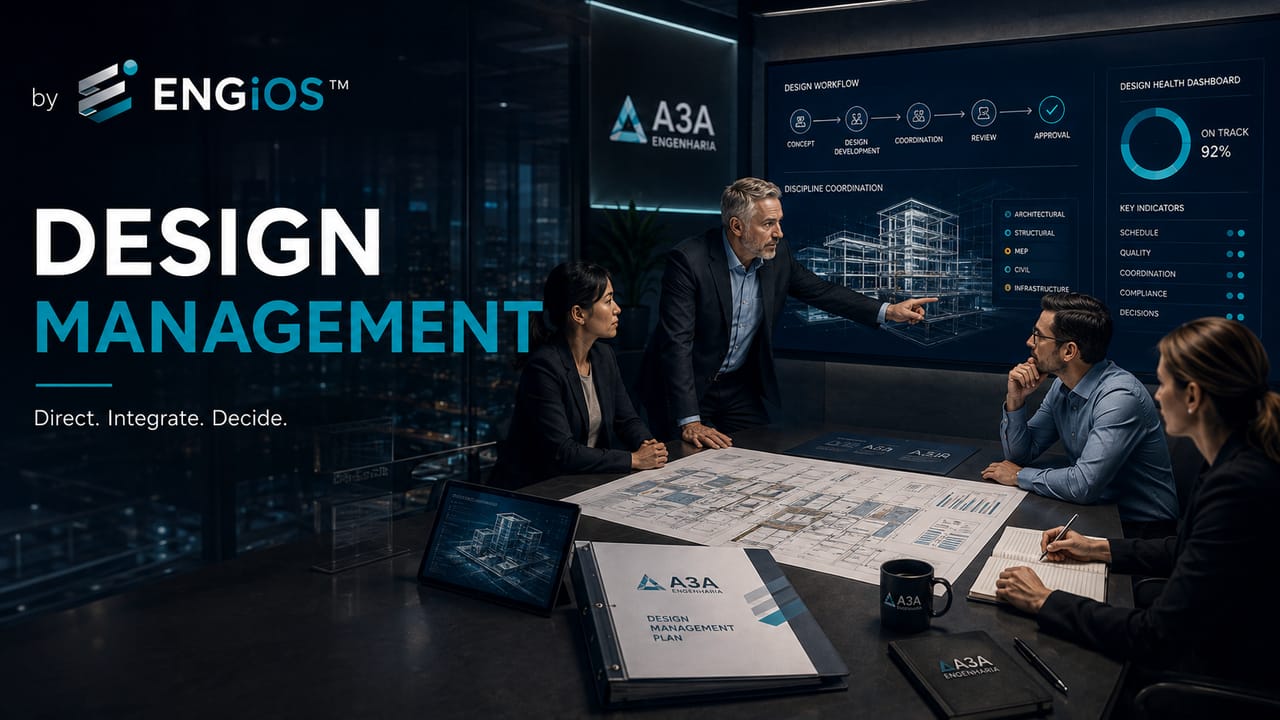 Imagem demonstrando o conceito de Design Management em Engenharia, com gestão do processo de projeto, coordenação de disciplinas, decisões técnicas e controle de interfaces.