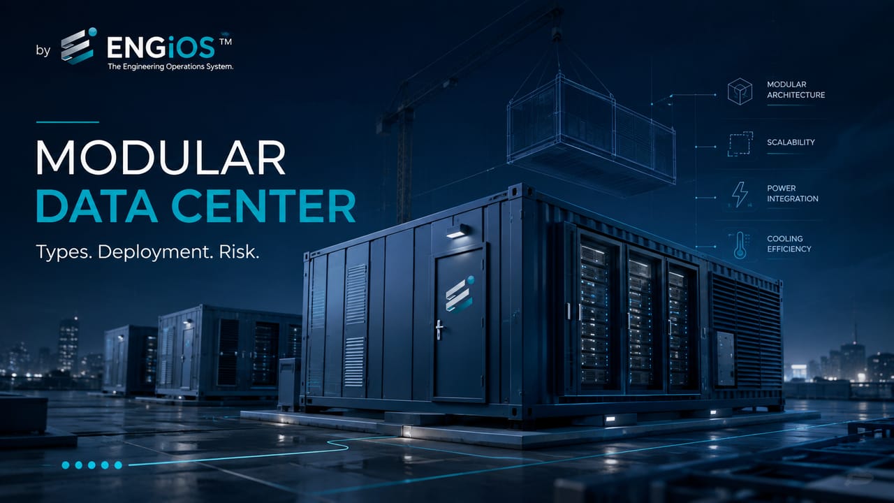 Imagem demonstrando o conceito de Data Center Modular, com módulos de infraestrutura, expansão por fases, sistemas críticos e arquitetura escalável.