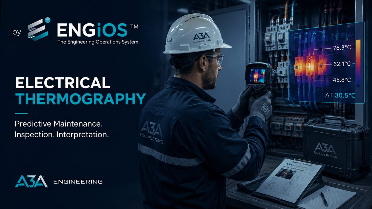 Imagem demonstrando termografia elétrica aplicada à manutenção preditiva, com inspeção térmica de painéis e equipamentos, identificação de anomalias e interpretação técnica.
