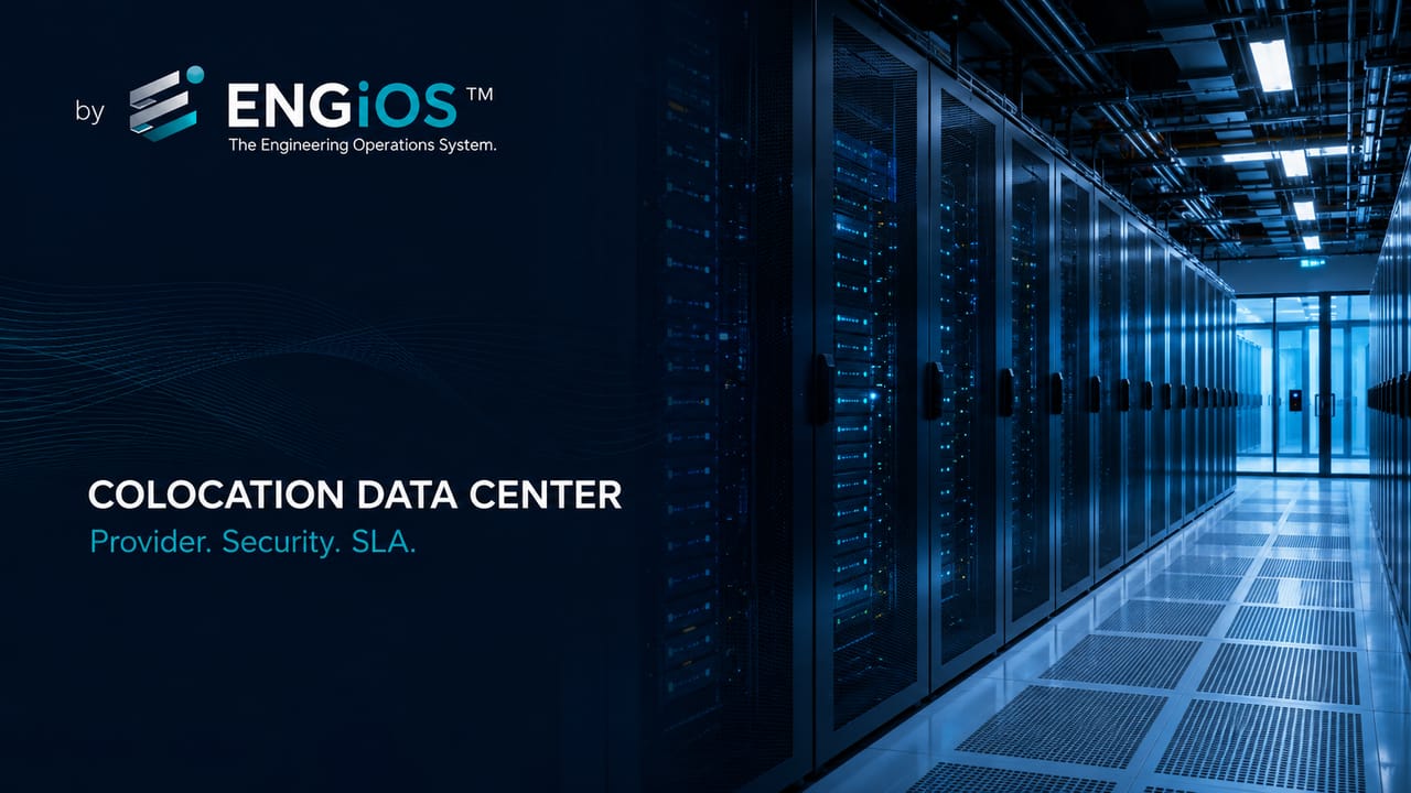 Imagem demonstrando o conceito de Colocation Data Center em Engenharia, com racks compartilhados, infraestrutura crítica redundante, conectividade e operação de múltiplos clientes.