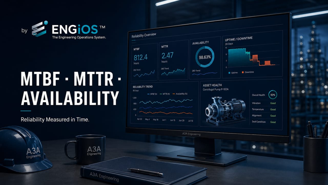 Imagem demonstrando MTBF, MTTR e disponibilidade na Engenharia de Manutenção, com tempos entre falhas, reparo e indicadores de confiabilidade e desempenho dos ativos.