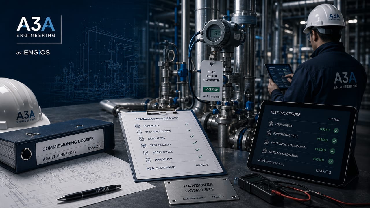 Imagem demonstrando o conceito de Comissionamento em Engenharia, com testes, verificações, documentação, prontidão operacional e critérios de aceite técnico.