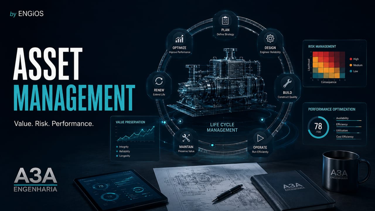 Imagem demonstrando o conceito de Gestão de Ativos em Engenharia, integrando ciclo de vida, valor, risco, desempenho, manutenção e governança de ativos físicos.