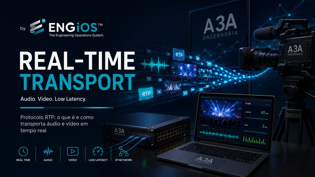 Imagem demonstrando RTP transportando áudio e vídeo em tempo real, com fluxos de mídia, timestamps e sequência de pacotes em redes IP.