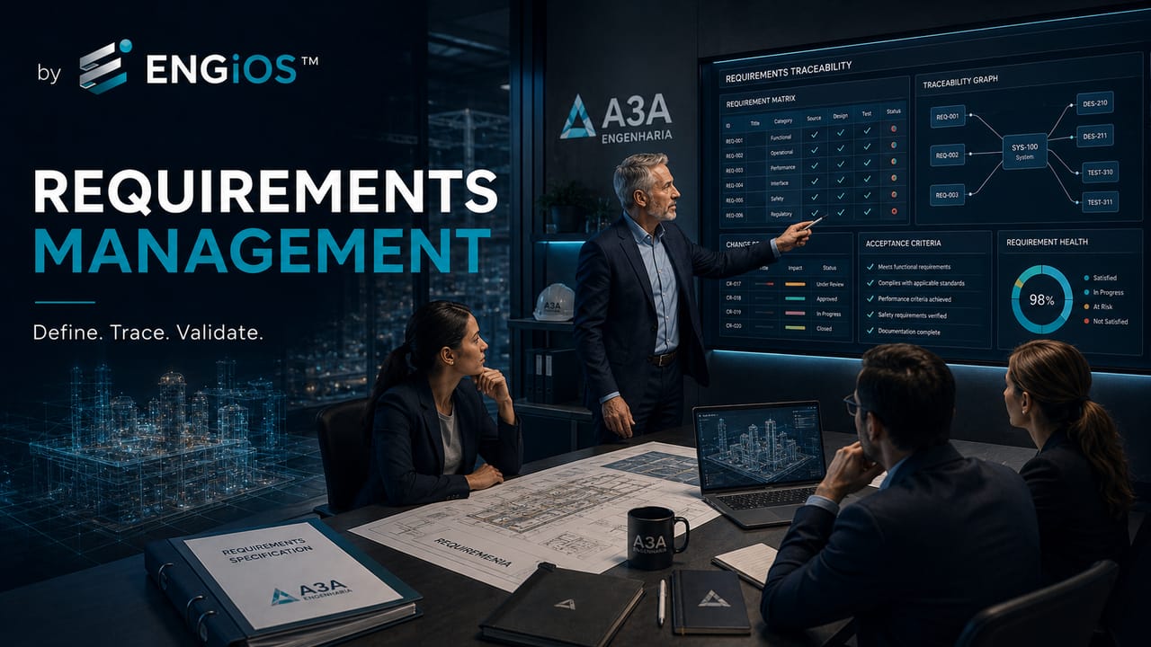 Imagem demonstrando o conceito de Gestão de Requisitos em Engenharia, com definição, rastreabilidade, controle de mudanças, verificação e critérios de aceite.
