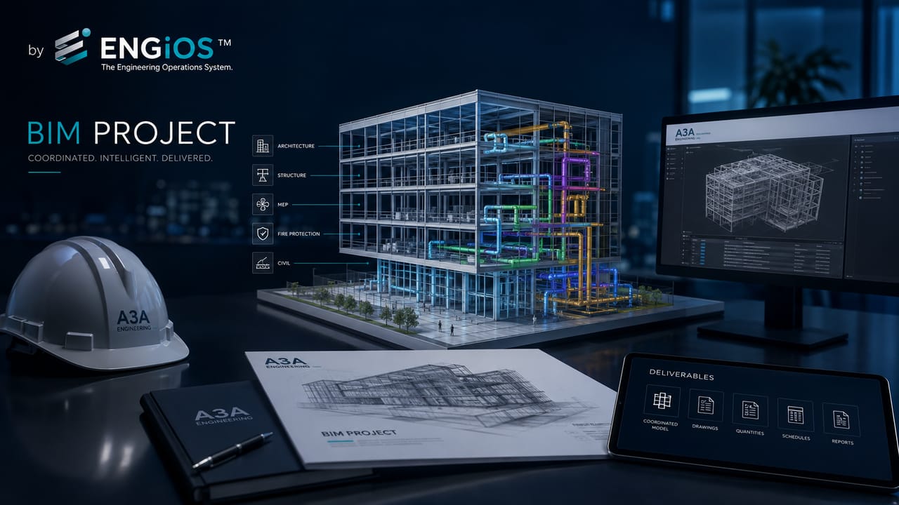 Imagem demonstrando o conceito de Projeto BIM em Engenharia, com coordenação de disciplinas, modelos, informações e entregáveis técnicos.