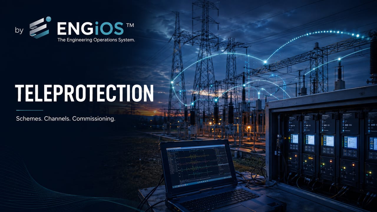Imagem demonstrando o conceito de Teleproteção em subestações e linhas de transmissão, com relés de proteção, canais de telecomunicações, redundância e atuação coordenada.