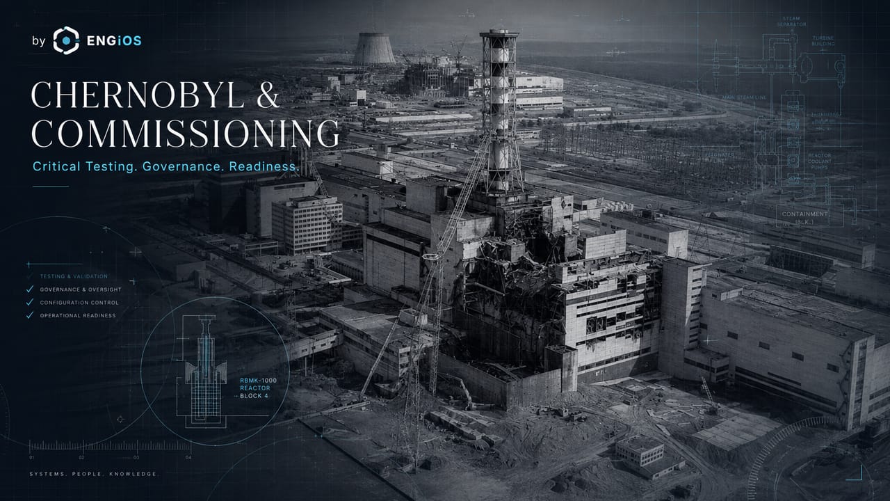Imagem demonstrando o conceito de comissionamento crítico aplicado ao caso de Chernobyl, com testes, governança, validação de segurança e prontidão operacional em sistemas complexos.