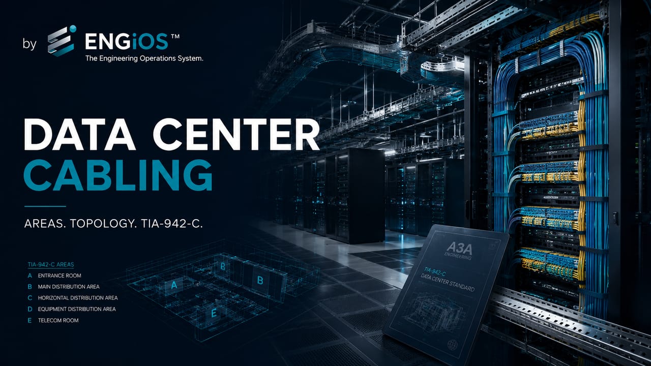 Imagem demonstrando o conceito de Cabeamento de Data Center em Engenharia, com áreas funcionais, topologia, infraestrutura de telecomunicações e organização física conforme critérios da TIA-942-C.