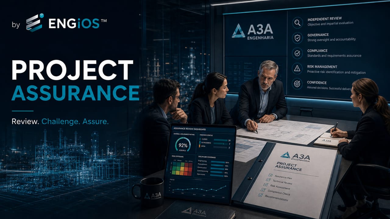 Imagem demonstrando o conceito de Project Assurance em Engenharia, com revisão independente, governança, verificação técnica e confiança nas decisões do projeto.