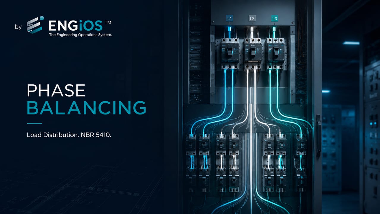 Imagem demonstrando o conceito de balanceamento de fases em instalações elétricas, com distribuição de cargas entre fases, medições e análise de desequilíbrio.