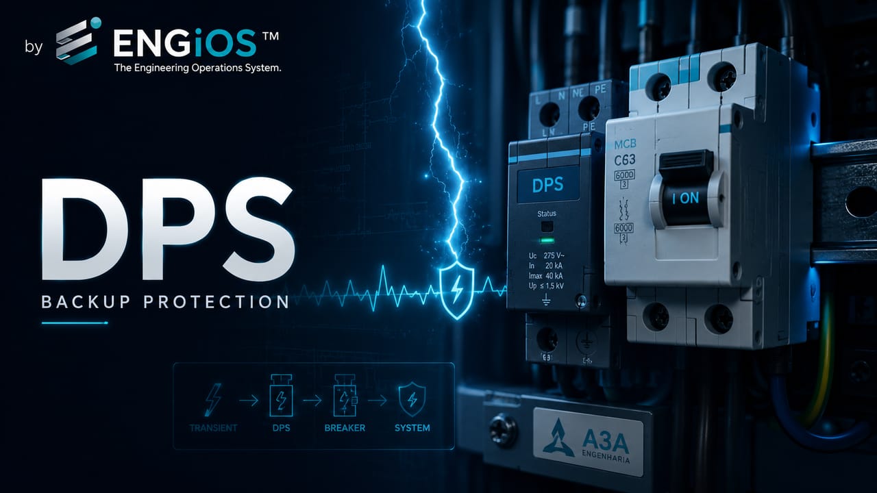 Imagem demonstrando DPS com proteção de retaguarda por disjuntor, dimensionamento e instalação em quadro elétrico.