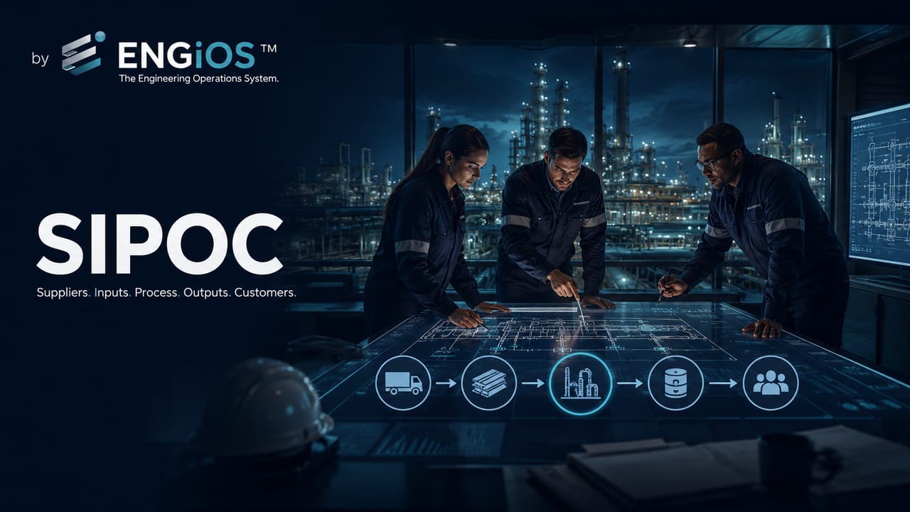 Imagem demonstrando o conceito de SIPOC em processos de Engenharia, com fornecedores, entradas, processo, saídas e clientes organizados em fluxo técnico.