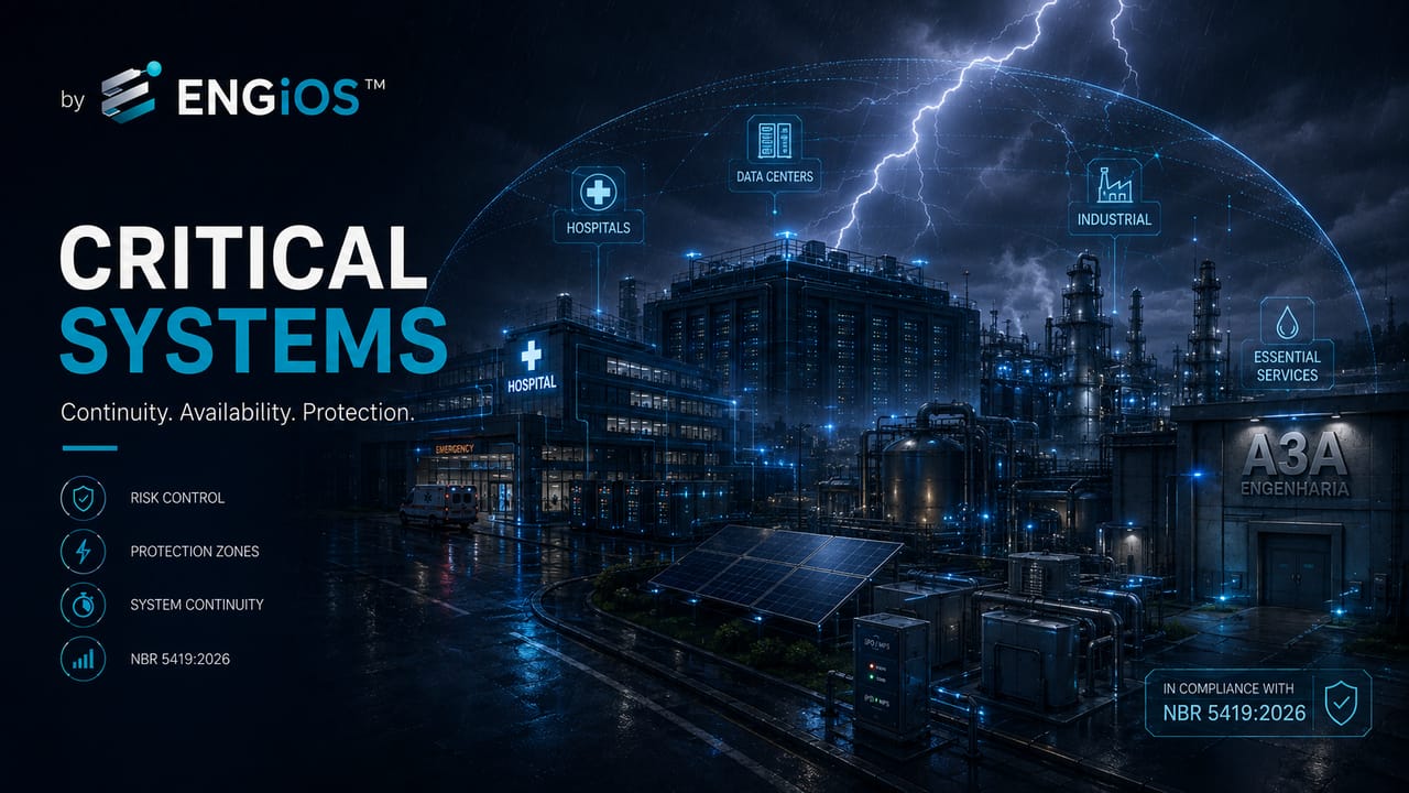 Imagem demonstrando sistemas críticos na análise de risco da NBR 5419:2026, com hospitais, Data Centers, indústria e serviços essenciais sujeitos à proteção contra descargas atmosféricas.