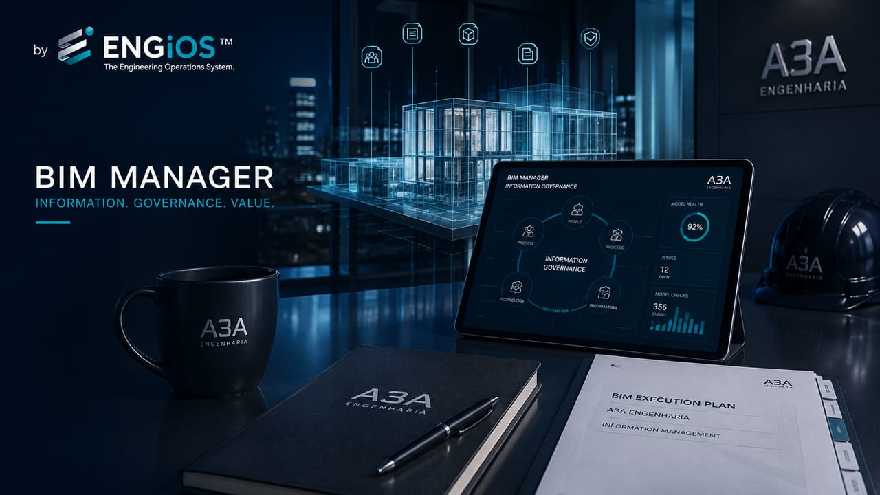 Imagem demonstrando o papel do BIM Manager em projetos de Engenharia, com gestão da informação, coordenação de equipes, responsabilidades e governança BIM.