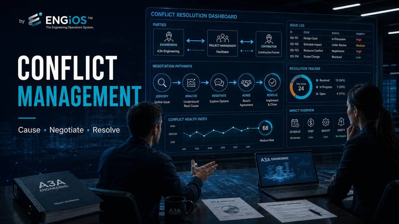 Imagem demonstrando gestão de conflitos em projetos de Engenharia, com negociação, alinhamento de interesses, resolução de impasses e governança das decisões.
