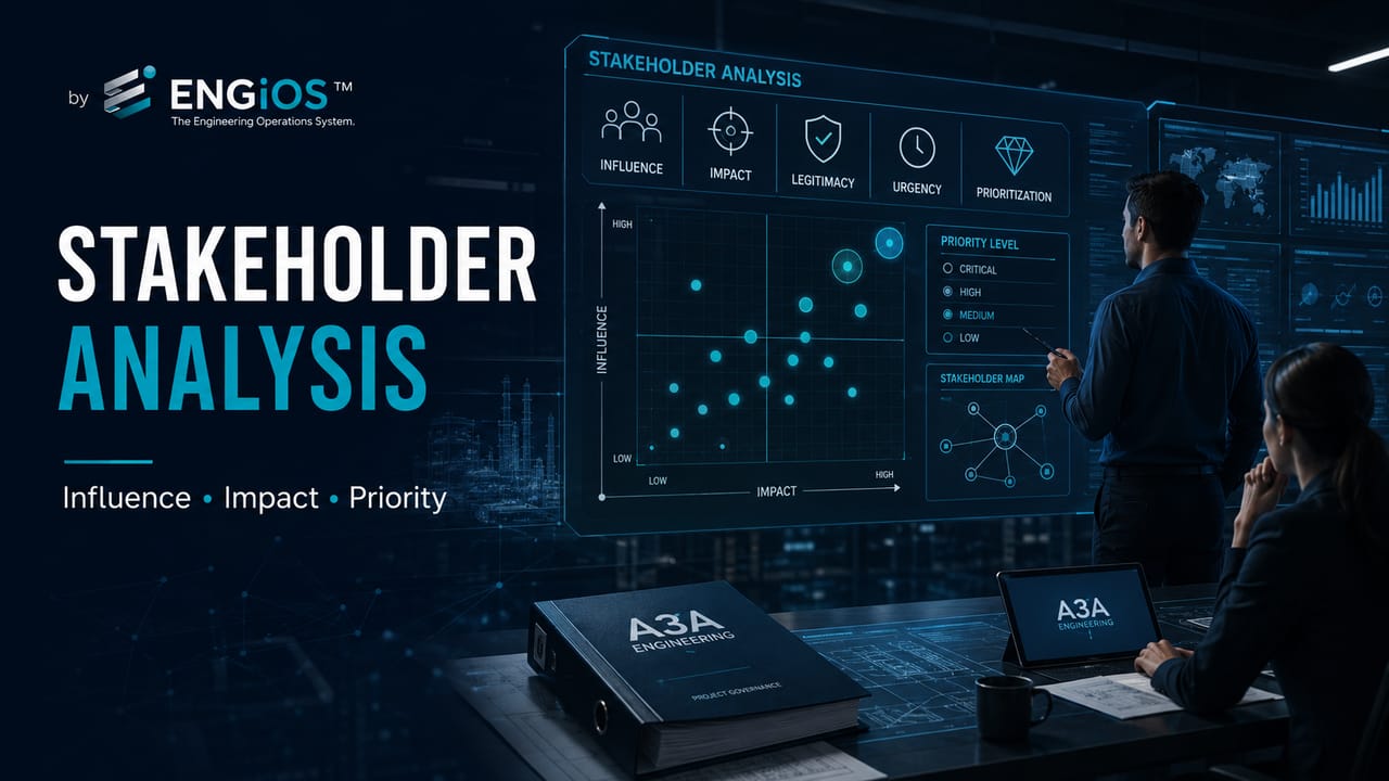 Imagem demonstrando análise de stakeholders em projetos, com avaliação de influência, impacto, legitimidade, urgência e priorização das partes interessadas.