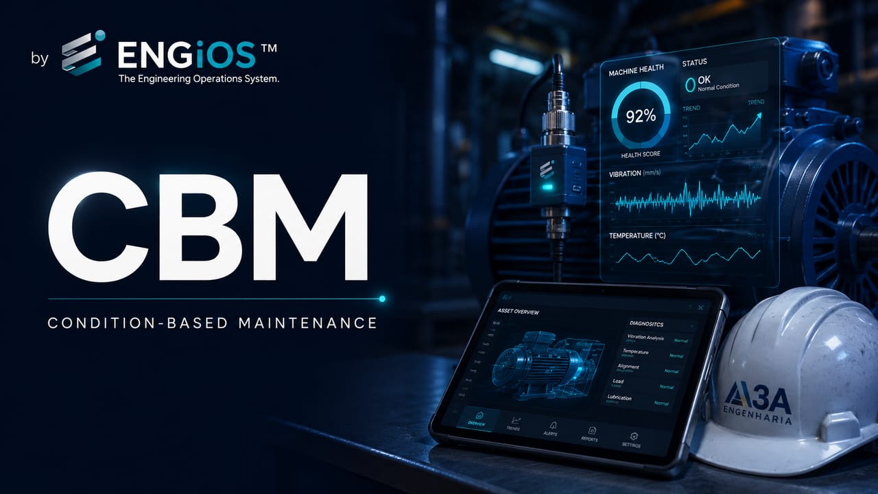 Imagem demonstrando Manutenção Baseada em Condição (CBM), com monitoramento de ativos, diagnóstico e decisão de manutenção orientada por dados.