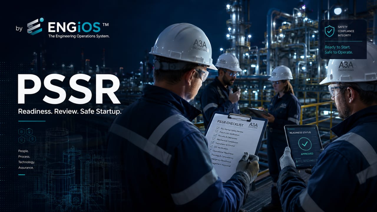 Imagem demonstrando o conceito de PSSR (Pre-Startup Safety Review) em Engenharia, com verificação de prontidão, segurança, documentação e critérios para liberação antes da partida.
