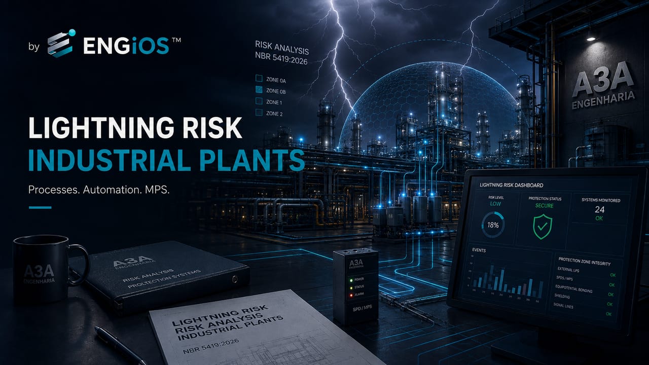 Imagem demonstrando análise de risco SPDA em plantas industriais conforme a NBR 5419:2026, considerando processos, automação, DPS e MPS.