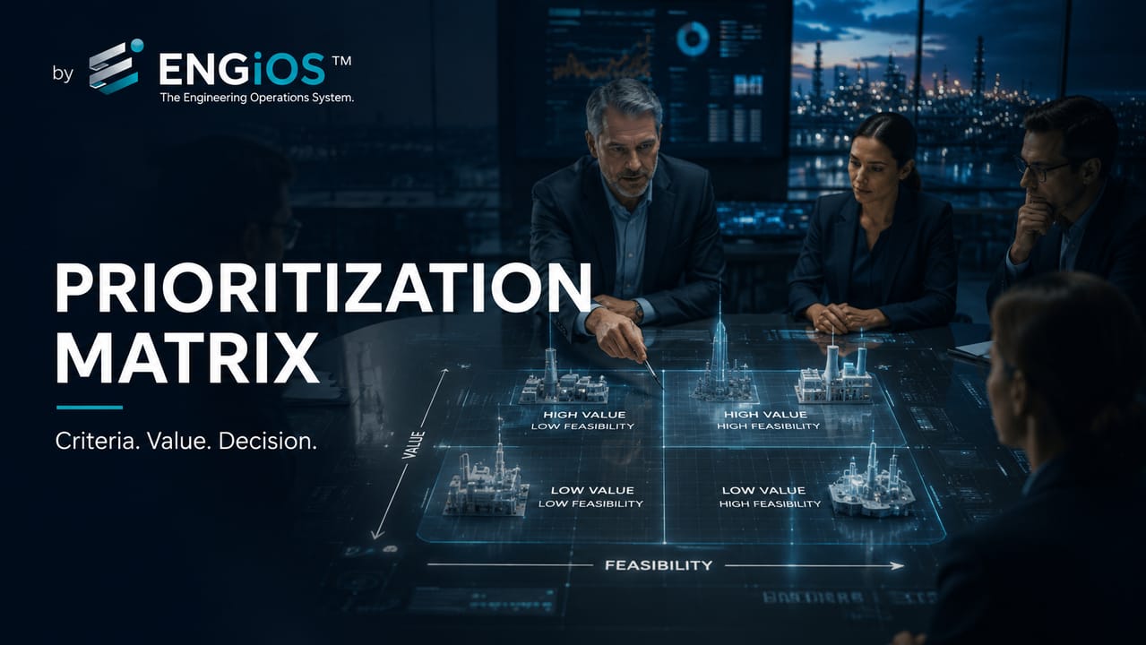 Imagem demonstrando o conceito de Matriz de Priorização em Engenharia, com avaliação de critérios, comparação de alternativas e definição de prioridades de projeto.