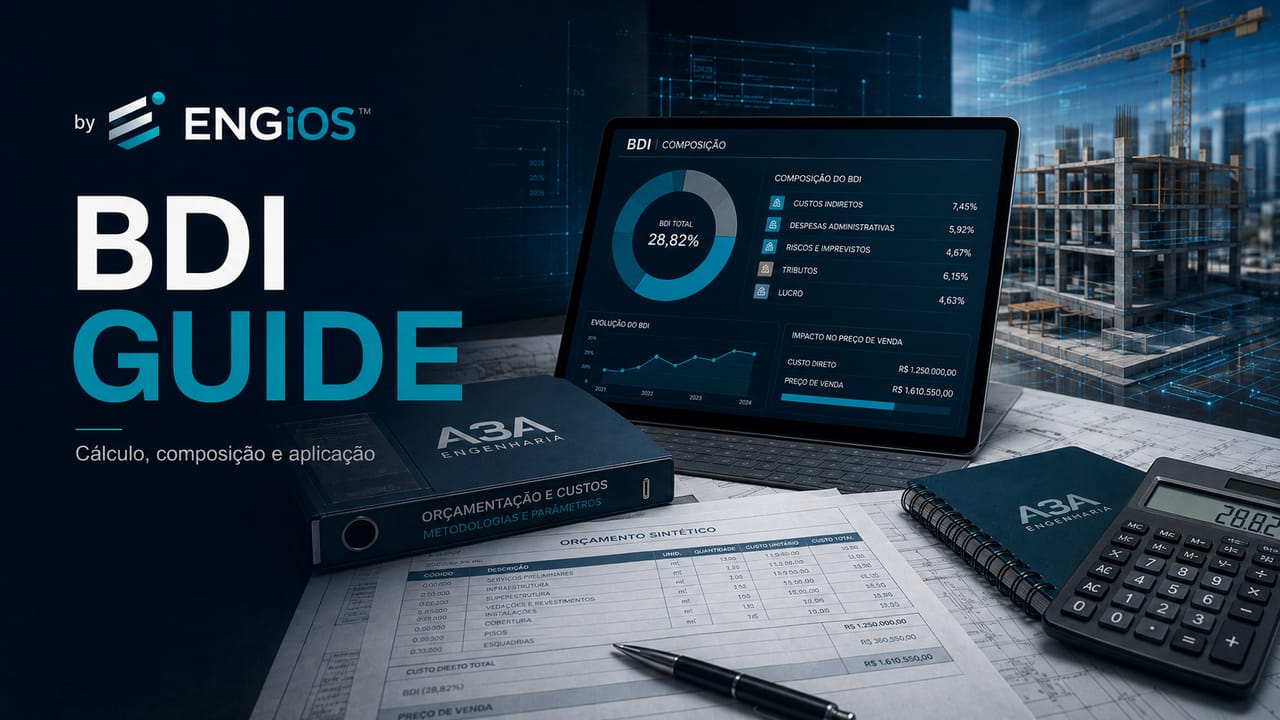Imagem demonstrando o conceito de BDI em Engenharia, com composição de benefícios, despesas indiretas, tributos, riscos e formação do preço de obras e serviços.