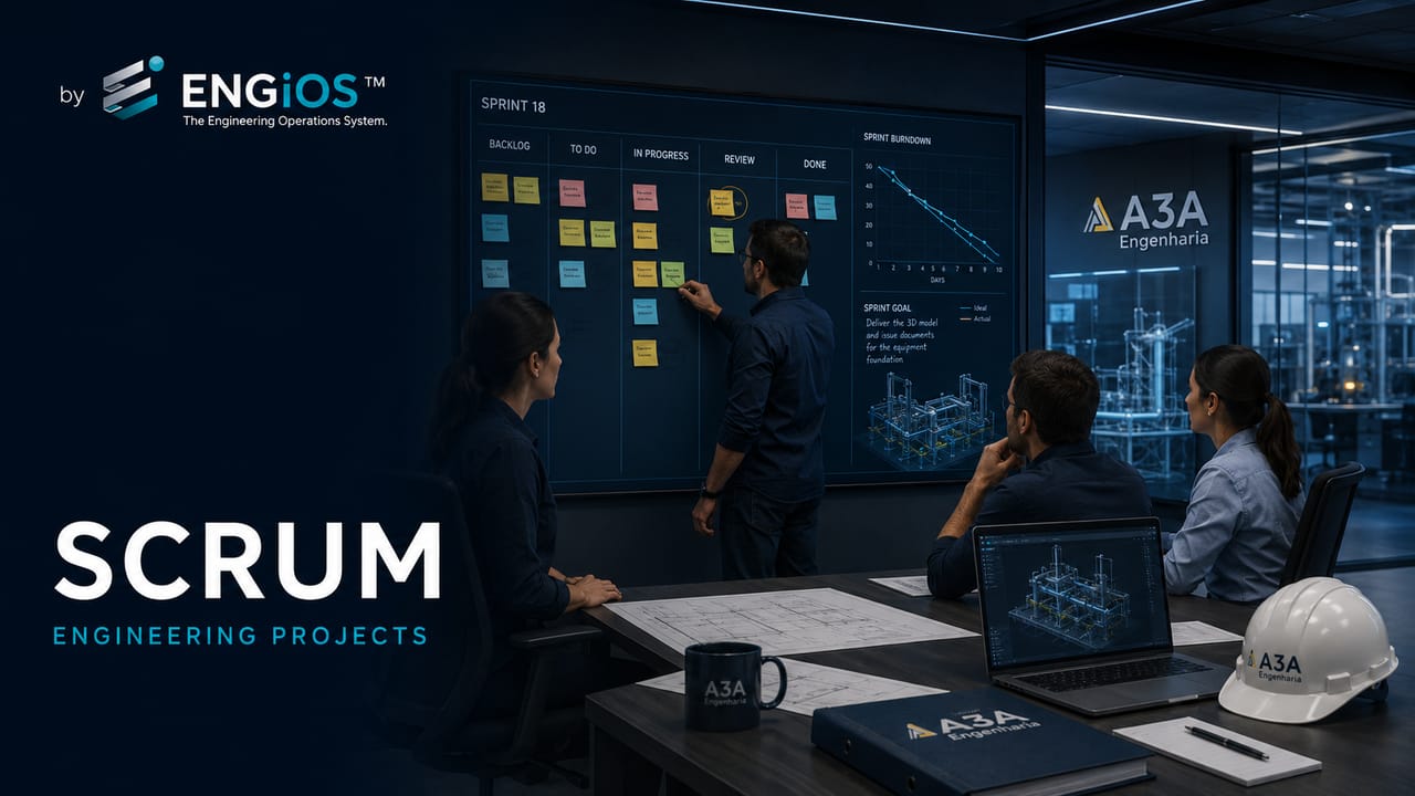 Imagem demonstrando Scrum aplicado a projetos de Engenharia, com backlog, sprints, quadro de trabalho e coordenação multidisciplinar.