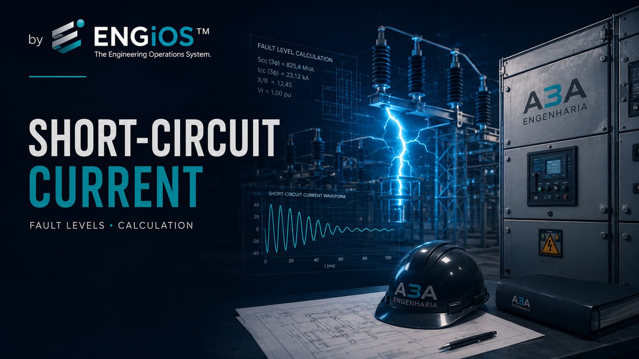 Imagem demonstrando corrente de curto-circuito em sistemas elétricos de potência, com representação técnica de faltas e níveis de corrente para estudos de engenharia.