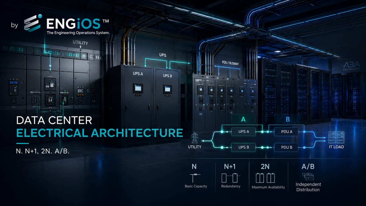 Imagem demonstrando a arquitetura elétrica de Data Center, com redundância N, N+1 e 2N, distribuição A/B e infraestrutura crítica de energia.