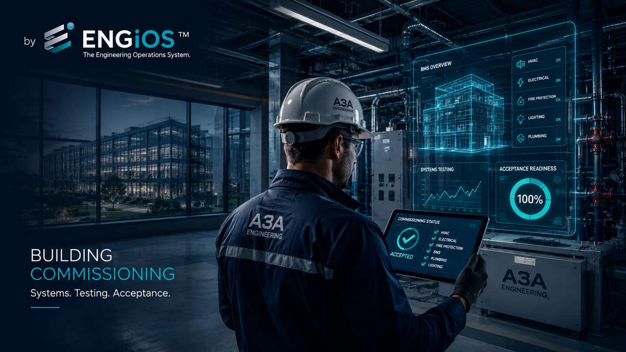 Imagem demonstrando o conceito de Comissionamento de Obras e Edificações em Engenharia, com verificação de sistemas prediais, testes funcionais, documentação, aceite técnico e prontidão para operação.