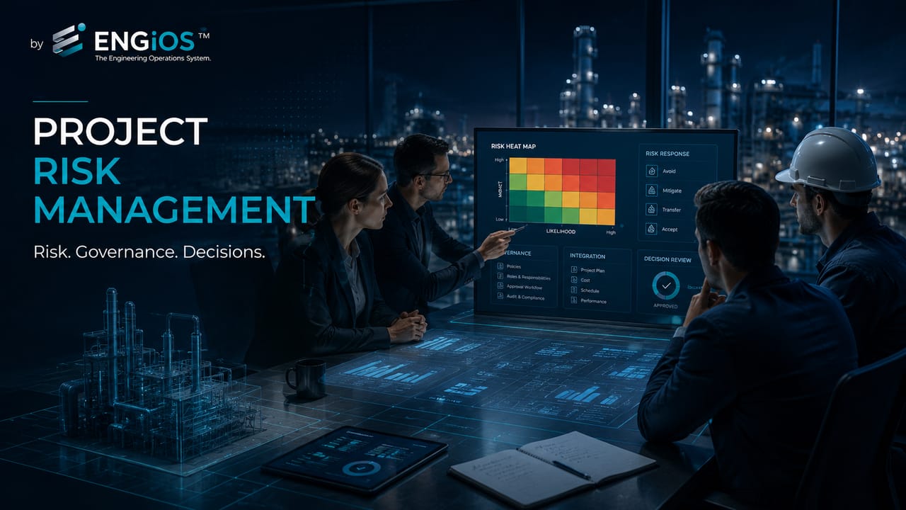 Imagem demonstrando o conceito de Gestão de Riscos em Projetos de Engenharia, com identificação, análise, tratamento, monitoramento e apoio à decisão.