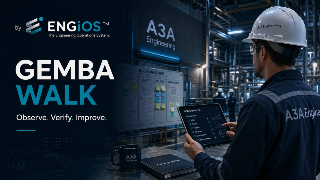 Imagem demonstrando Gemba Walk em Engenharia, com observação direta no local de trabalho, identificação de desvios e melhoria contínua em projetos e obras.