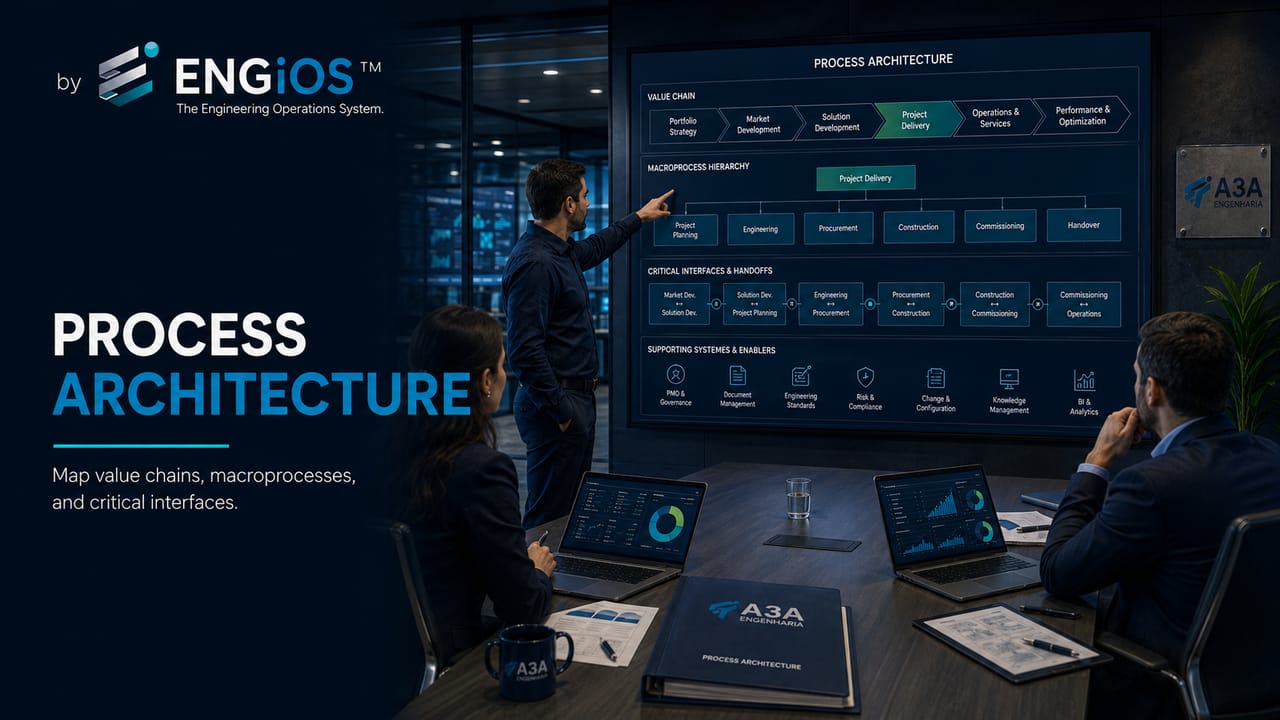 Arquitetura de processos de Engenharia com cadeia de valor, macroprocessos, interfaces e estrutura de governança operacional